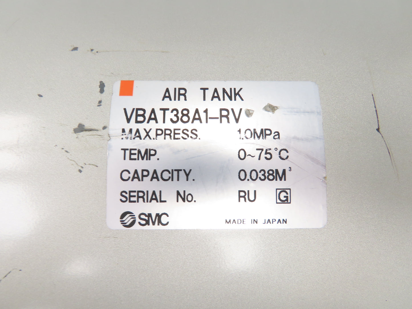 SMC VBAT38A1-RV Pneumatic Air Tank 1 Bar 145PSI 10 Gallon Capacity Compressed