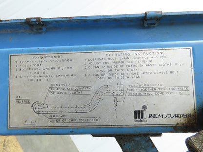 Tsubaki 10"W x 90"L Chip Conveyor 7.5"Belt 45" Infeed 38"H Discharge 220V 3PH