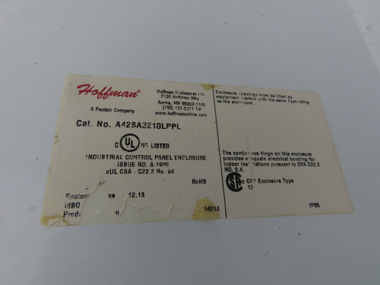 Hoffman A42SA3212 Electrical Enclosure 42x32x10" 30A Disconnect Backpanel JIC