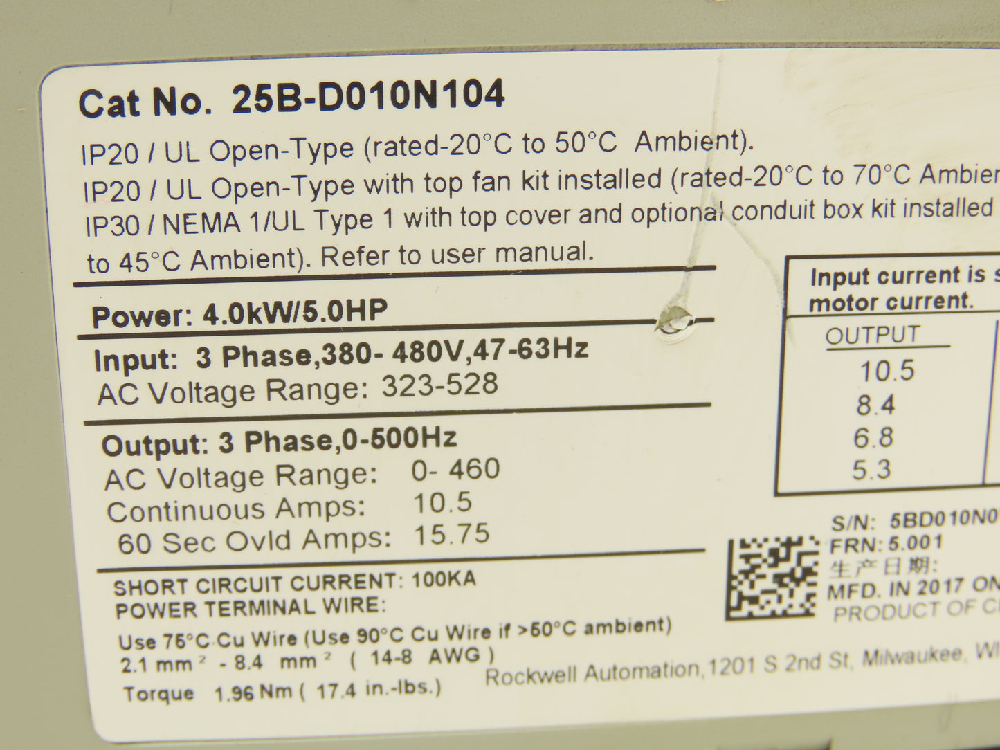 Allen Bradley 25B-D010N104 VFD AC Drive 500Hz 5Hp 460V 10.5A 3Ph FRN 5.001 Ser A