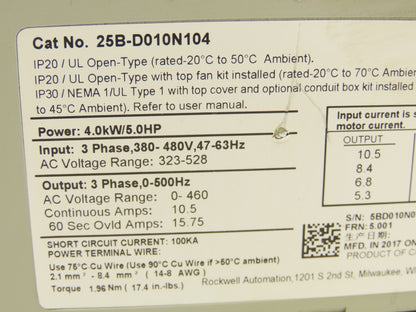 Allen Bradley 25B-D010N104 VFD AC Drive 500Hz 5Hp 460V 10.5A 3Ph FRN 5.001 Ser A