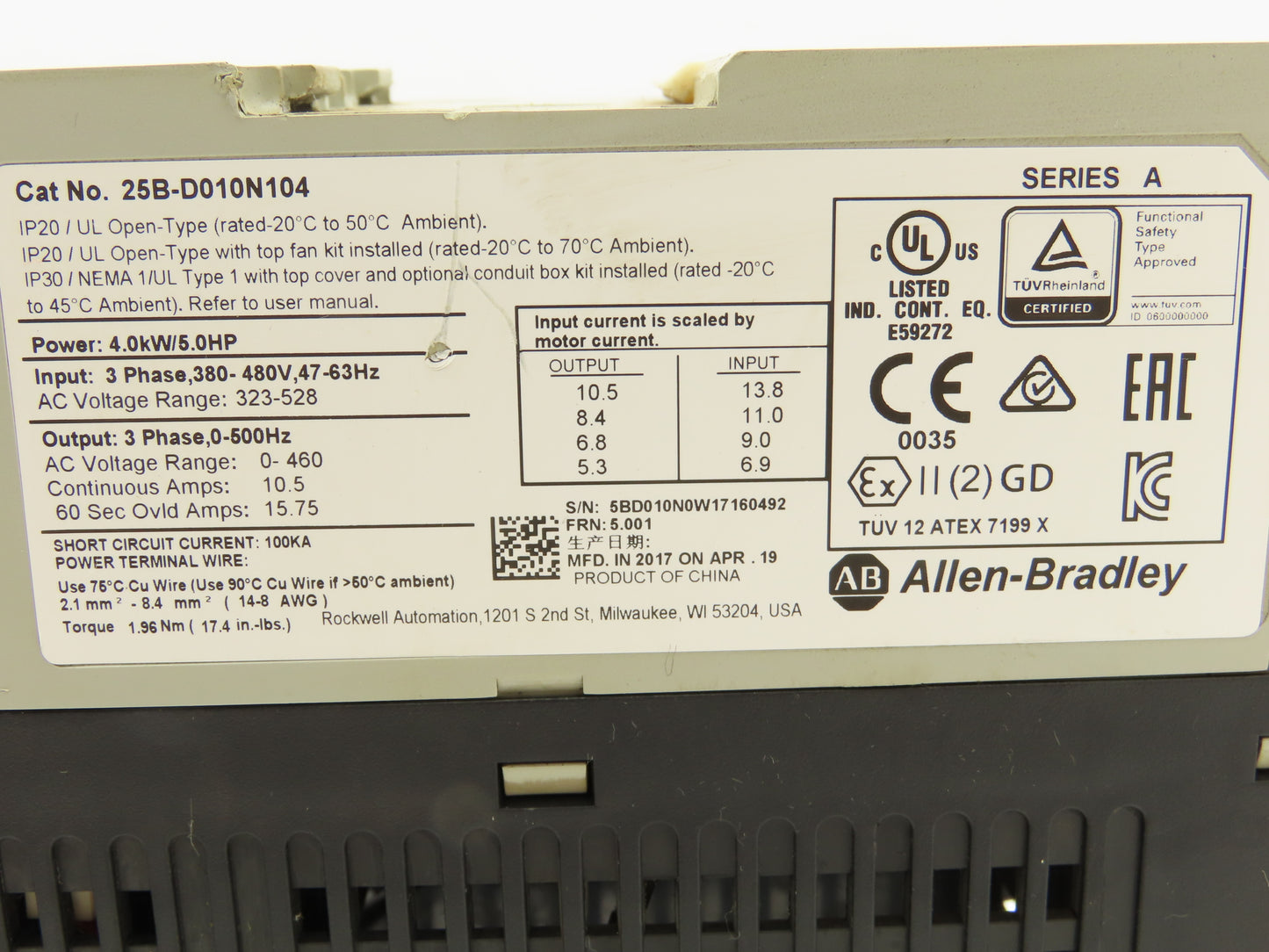Allen Bradley 25B-D010N104 VFD AC Drive 500Hz 5Hp 460V 10.5A 3Ph FRN 5.001 Ser A