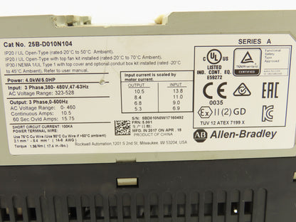 Allen Bradley 25B-D010N104 VFD AC Drive 500Hz 5Hp 460V 10.5A 3Ph FRN 5.001 Ser A