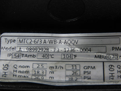 Grundfos MTC2-6/3 A-WB-A-AQQV Immersion Coolant Pump 13GPM .75Hp 230/460V 3PH