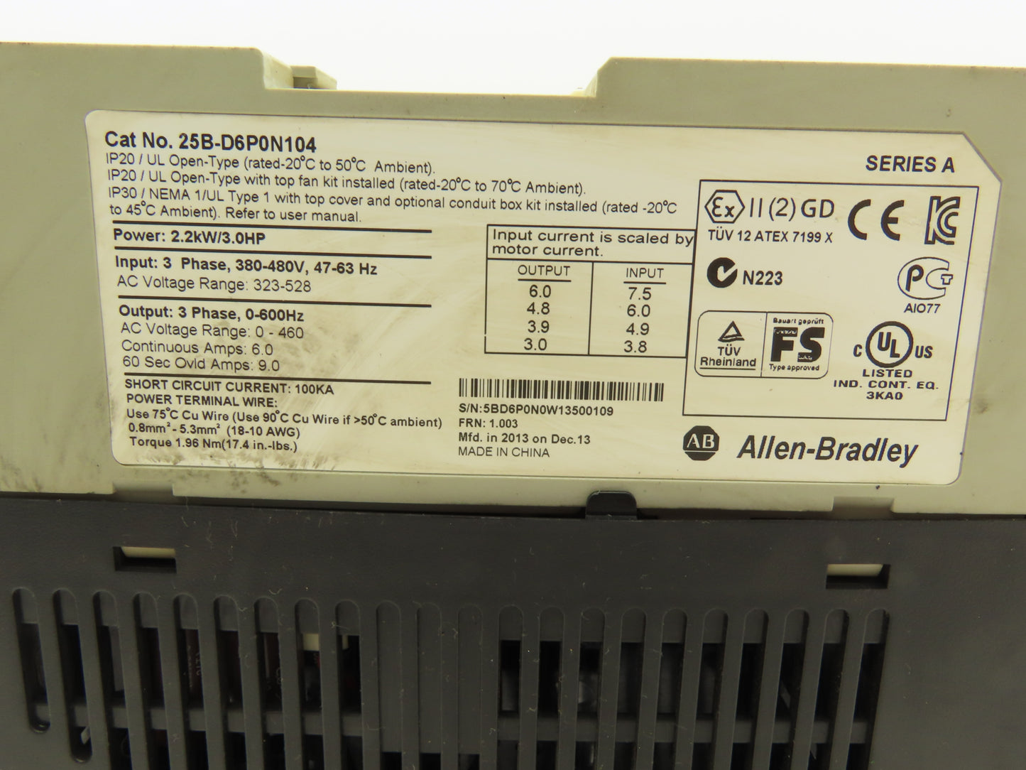 Allen Bradley 25B-D6P0N104 Powerflex 525 3Hp VFD AC Drive 480V 50/60Hz FRN 1.003