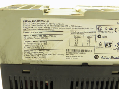 Allen Bradley 25B-D6P0N104 Powerflex 525 3Hp VFD AC Drive 480V 50/60Hz FRN 1.003