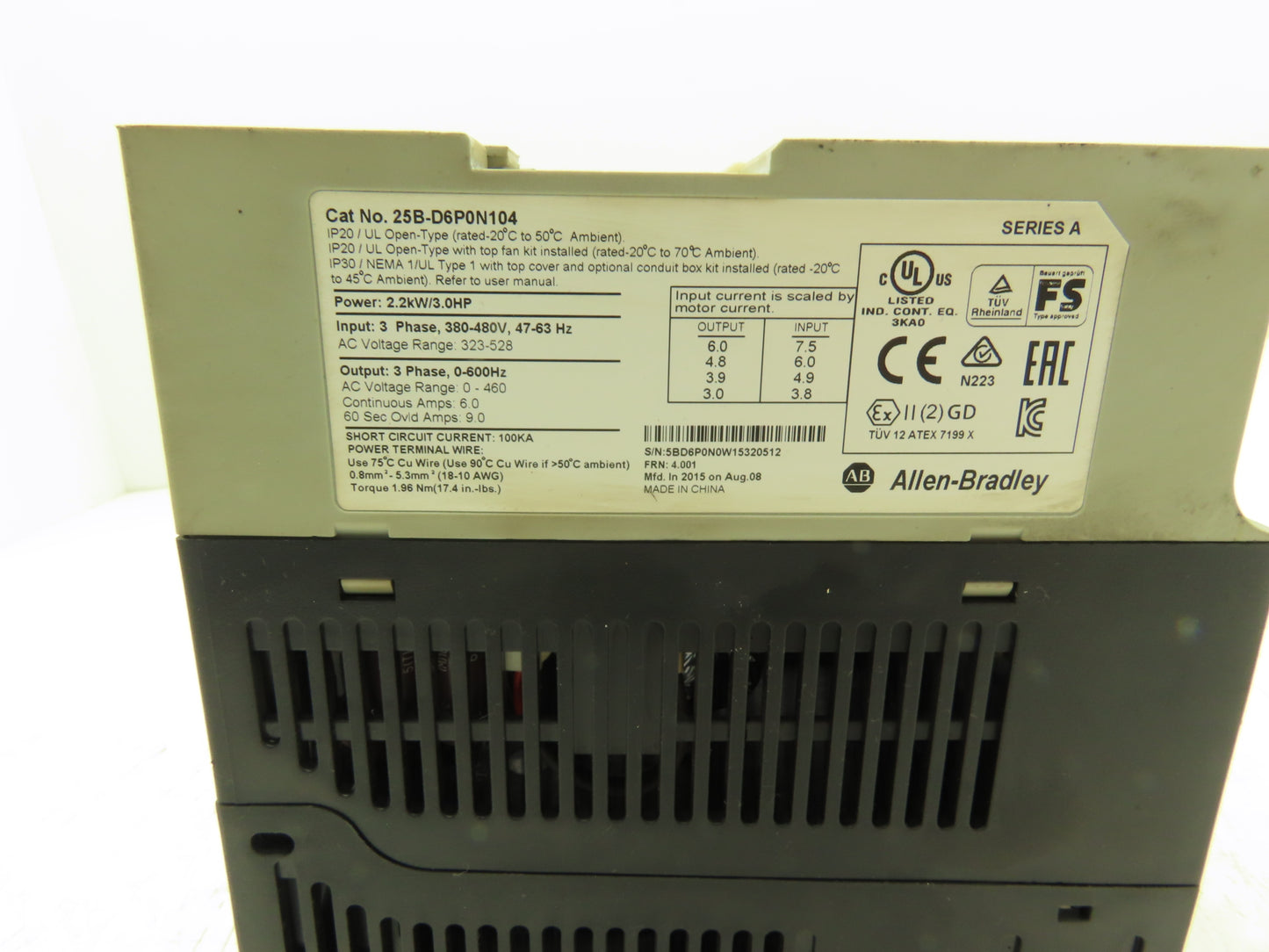 Allen Bradley 25B-D6P0N104 Powerflex 525 3Hp VFD AC Drive 480V 50/60Hz FRN 4.001