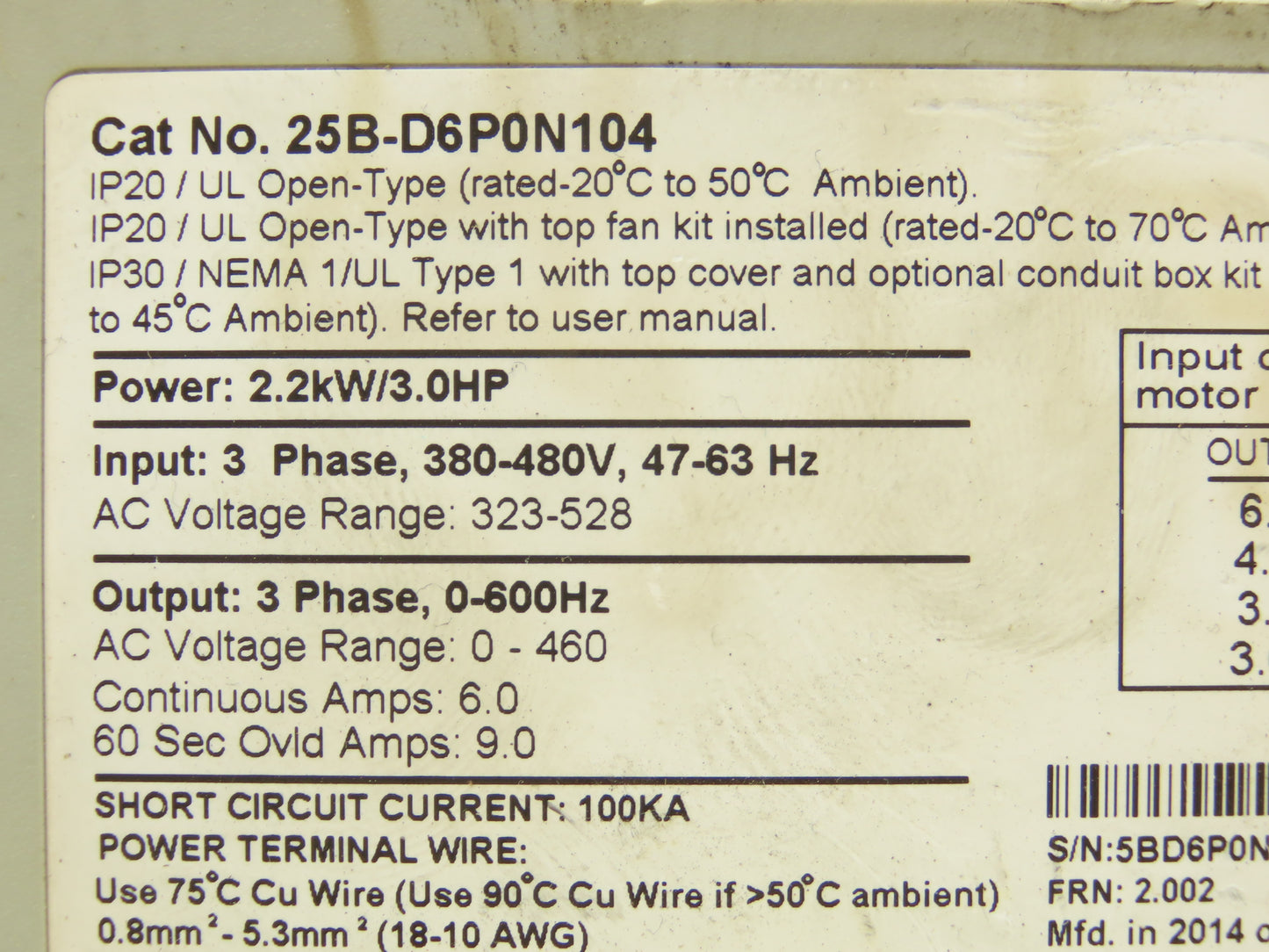 Allen Bradley 25B-D6P0N104 Powerflex 525 3Hp VFD AC Drive 480V 50/60Hz FRN 2.002