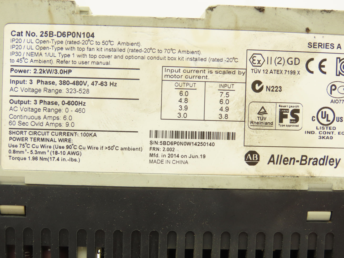 Allen Bradley 25B-D6P0N104 Powerflex 525 3Hp VFD AC Drive 480V 50/60Hz FRN 2.002
