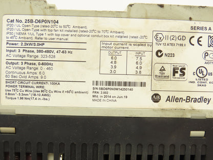 Allen Bradley 25B-D6P0N104 Powerflex 525 3Hp VFD AC Drive 480V 50/60Hz FRN 2.002
