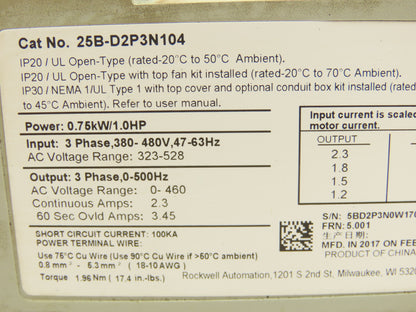 Allen Bradley 25B-D2P3N104 PowerFlex 525 VFD AC Drive 1Hp 480V 3Ph No Cover