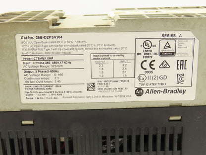 Allen Bradley 25B-D2P3N104 PowerFlex 525 VFD AC Drive 1Hp 480V 3Ph No Cover