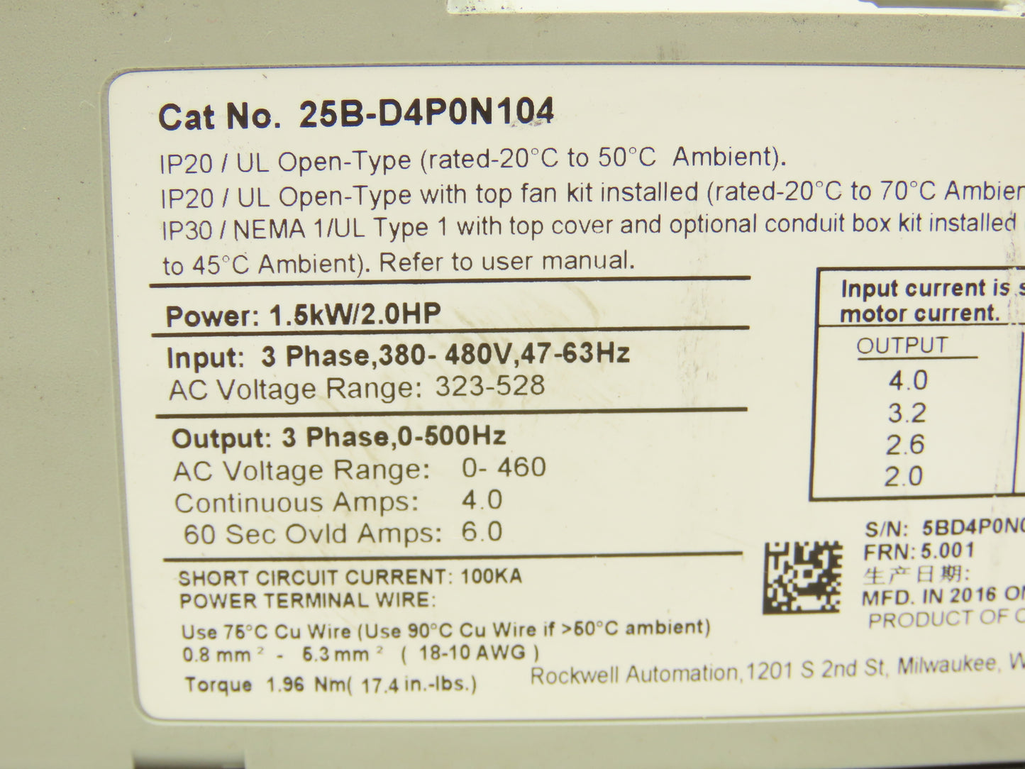 Allen Bradley 25B-D4P0N104 PowerFlex 525 AC Drive 1.5kW 2Hp 380-480V 3ph Ser A