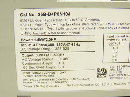Allen Bradley 25B-D4P0N104 PowerFlex 525 AC Drive 1.5kW 2Hp 380-480V 3ph Ser A