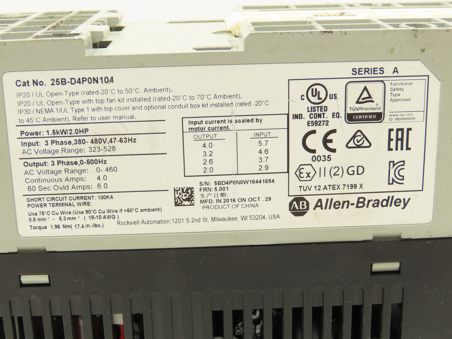 Allen Bradley 25B-D4P0N104 PowerFlex 525 AC Drive 1.5kW 2Hp 380-480V 3ph Ser A