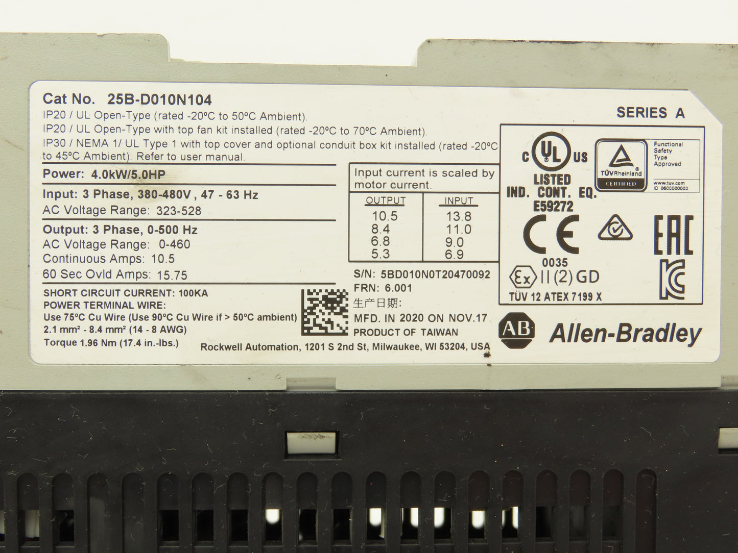 Allen-Bradley 25B-D010N104 PowerFlex 525 AC Drive 5HP 480V 3PH Ser A FRN 6.001