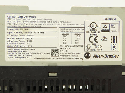 Allen-Bradley 25B-D010N104 PowerFlex 525 AC Drive 5HP 480V 3PH Ser A FRN 6.001