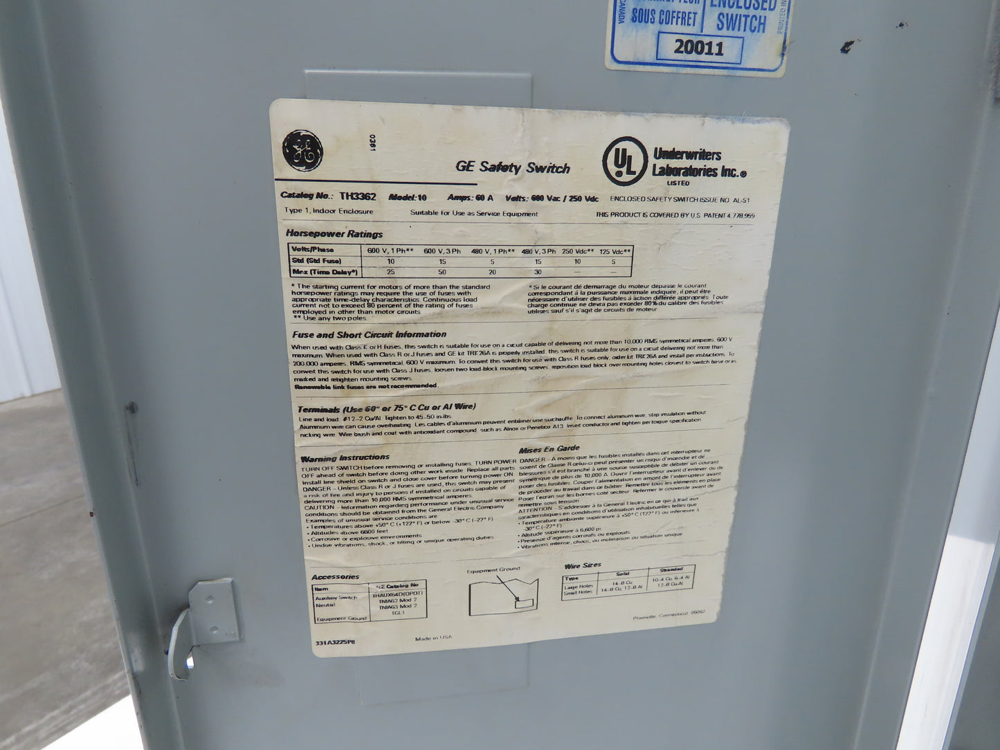 General Electric TH3362 Model 10 GE Safety Disconnect Switch 60A 600VAC