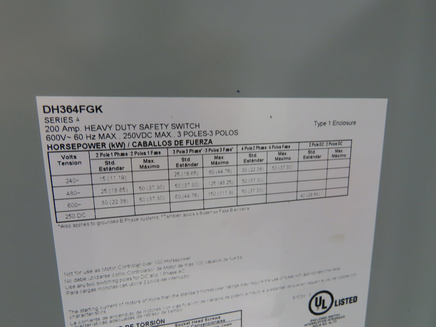 Eaton DH364FGK Fusible Disconnect Safety Switch 200A 600V 3Ph