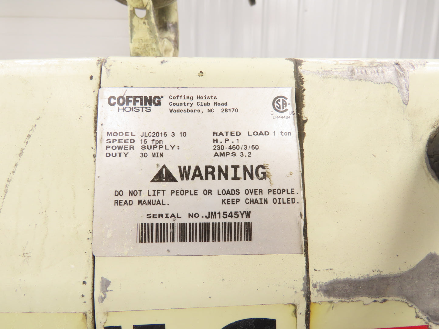 Coffing JLC2016310 Electric Chain Hoist 1 Ton 16 FPM 13' Lift 230/460V 3PH