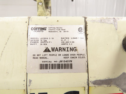 Coffing JLC2016310 Electric Chain Hoist 1 Ton 16 FPM 13' Lift 230/460V 3PH