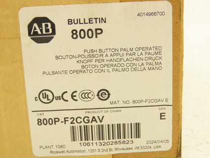 Allen Bradley 800P-F2CGAV Palm Operated Push Button Switch Flush Mount 1NO 1NC