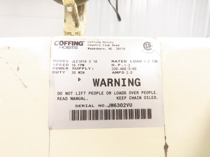 Coffing JLC 1/2 Ton 1000lbs Electric Chain Hoist 16 FPM 16' Lift 230/460V 3PH