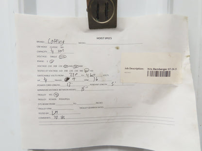 Coffing JF 1/4 Ton Electric Chain Hoist 16 FPM 9' Lift 230/460V 3PH