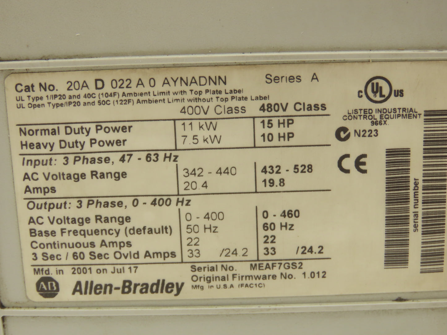 Allen Bradley 20AD022A0AYNADNN PowerFlex 70 VFD 15Hp 480V 3Ph 20A Ser A FW 1.012