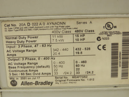 Allen Bradley 20AD022A0AYNADNN PowerFlex 70 VFD 15Hp 480V 3Ph 20A Ser A FW 1.012