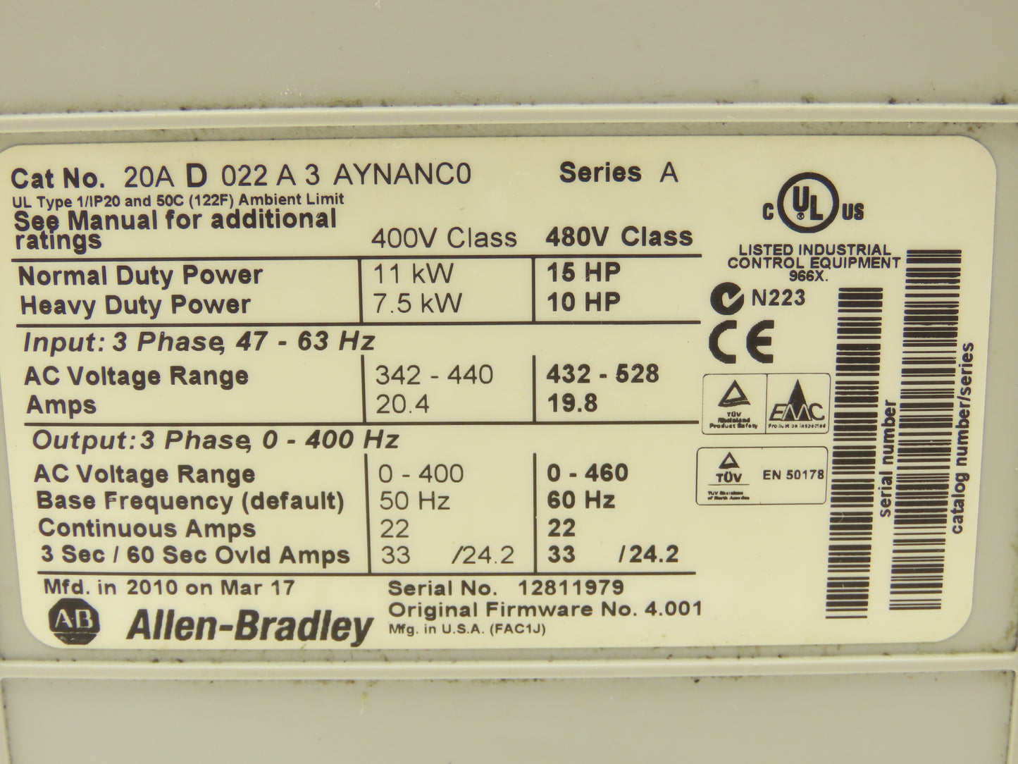 Allen Bradley 20AD022A3AYNANC0 PowerFlex 70 VFD 15Hp 480V 3Ph 20A Ser A READ