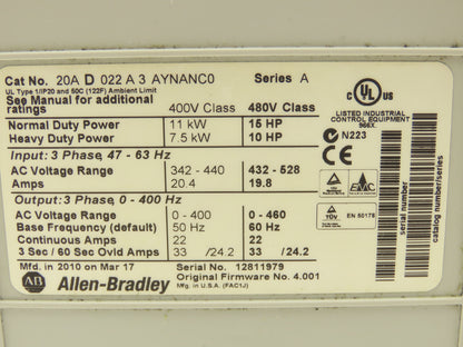 Allen Bradley 20AD022A3AYNANC0 PowerFlex 70 VFD 15Hp 480V 3Ph 20A Ser A READ