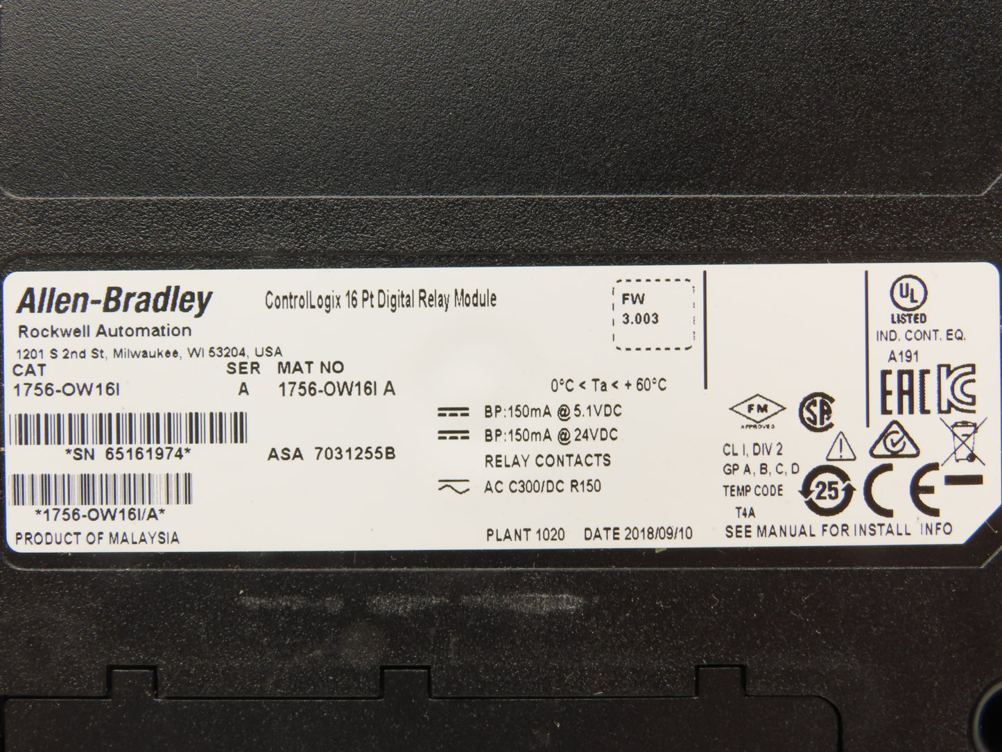 Allen Bradley 1756-OW16I A ControlLogix 16PT Relay Output 24VFW 3.003 Ser A