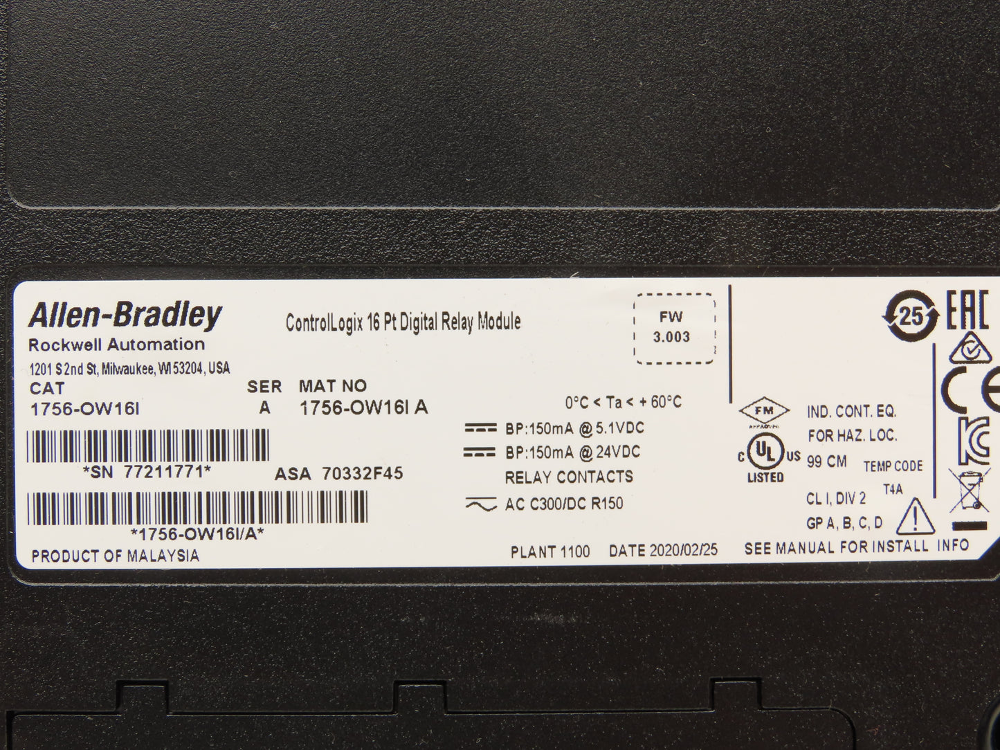 Allen Bradley 1756-OW16I A ControlLogix 16PT Relay Output 24V FW 3.003 Ser A READ