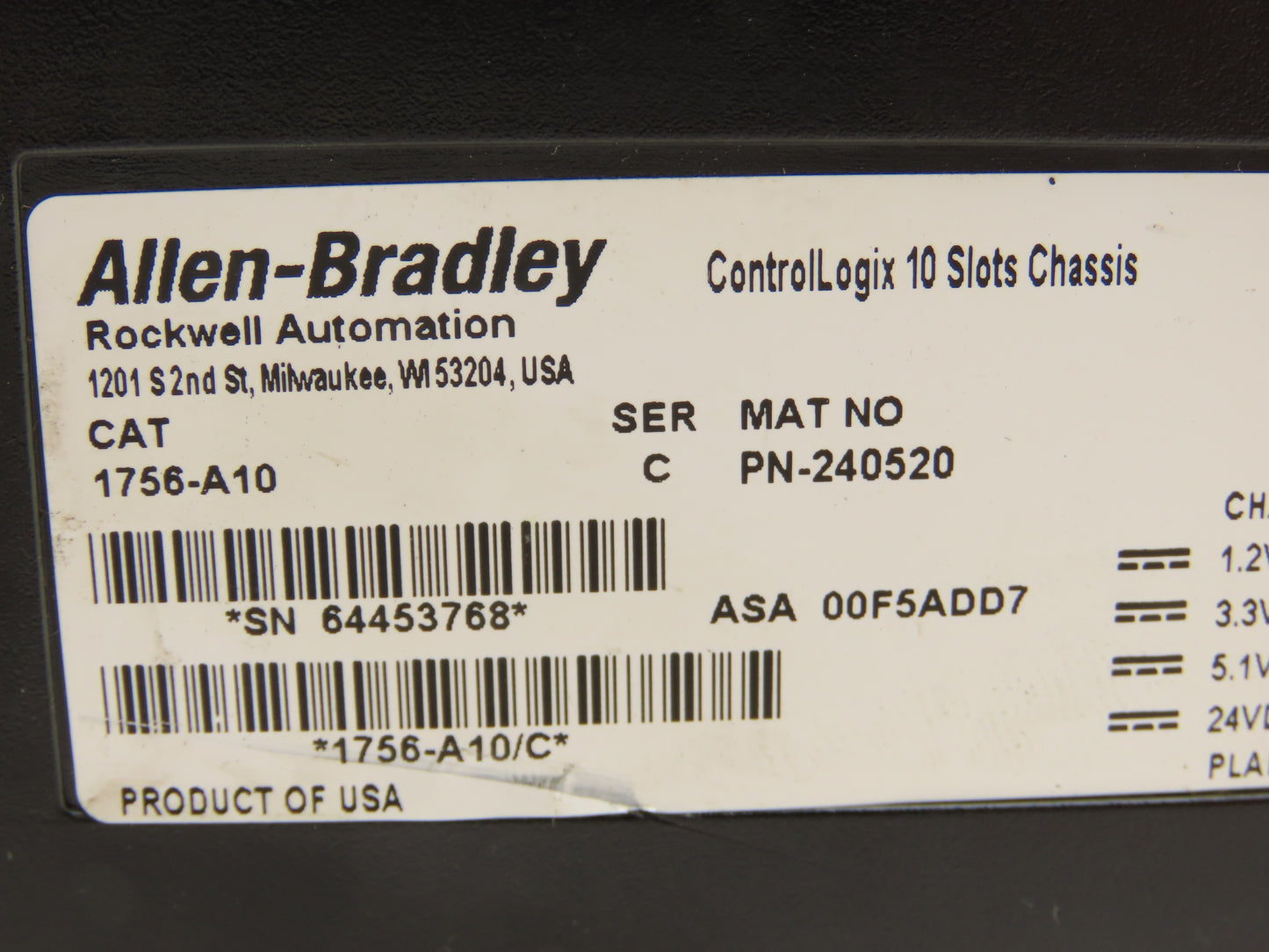 Allen Bradley ControlLogix I/O 10 Slot Rack Chassis & Power Supply 1756-PA72