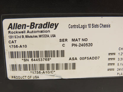 Allen Bradley ControlLogix I/O 10 Slot Rack Chassis & Power Supply 1756-PA72