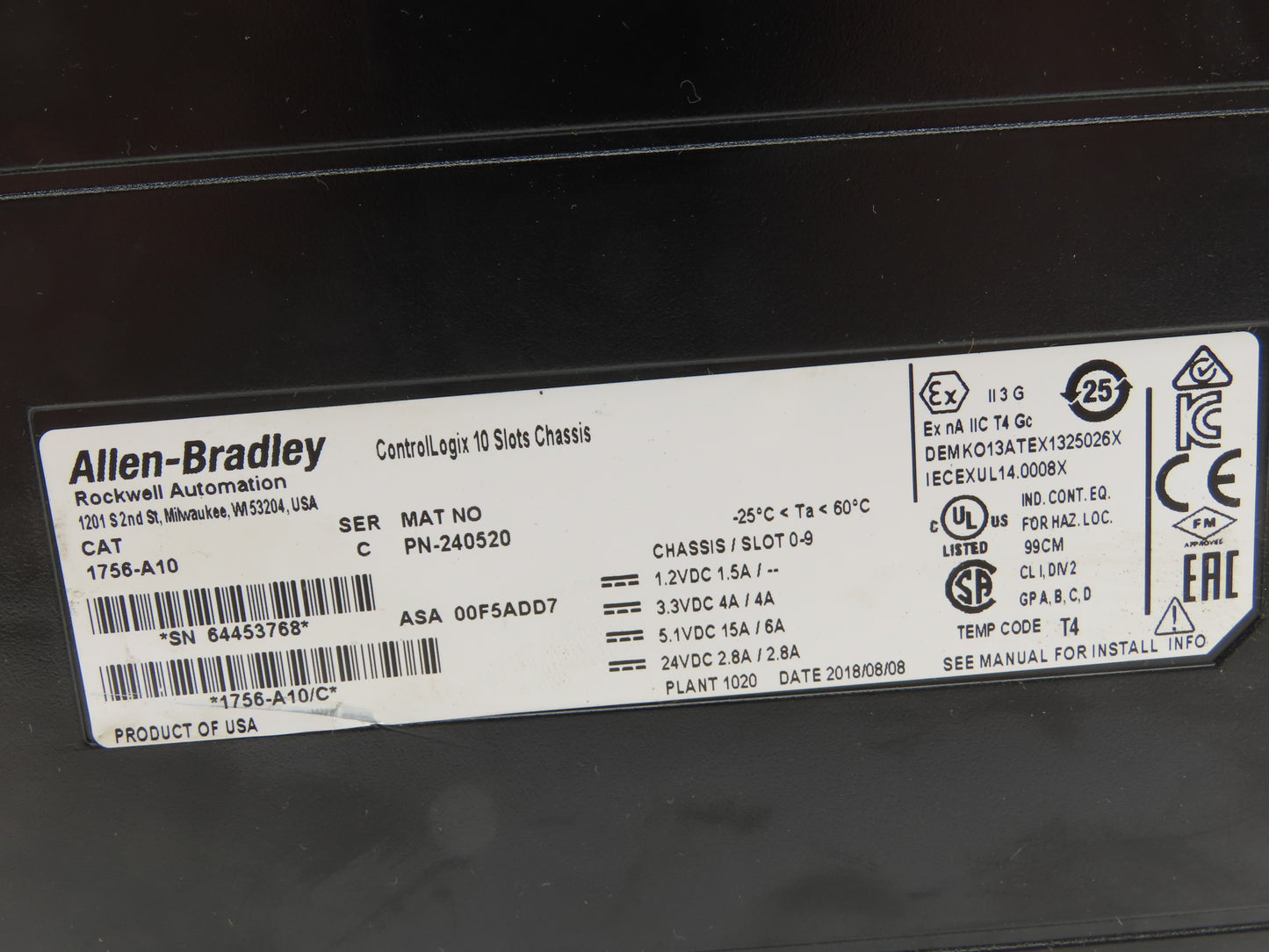 Allen Bradley ControlLogix I/O 10 Slot Rack Chassis & Power Supply 1756-PA72