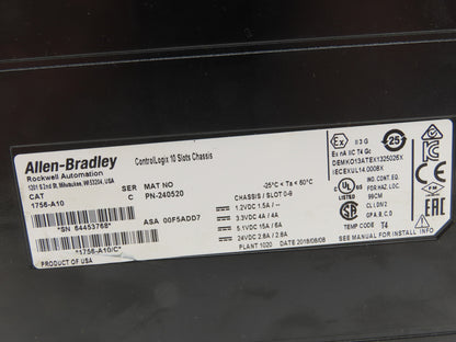 Allen Bradley ControlLogix I/O 10 Slot Rack Chassis & Power Supply 1756-PA72