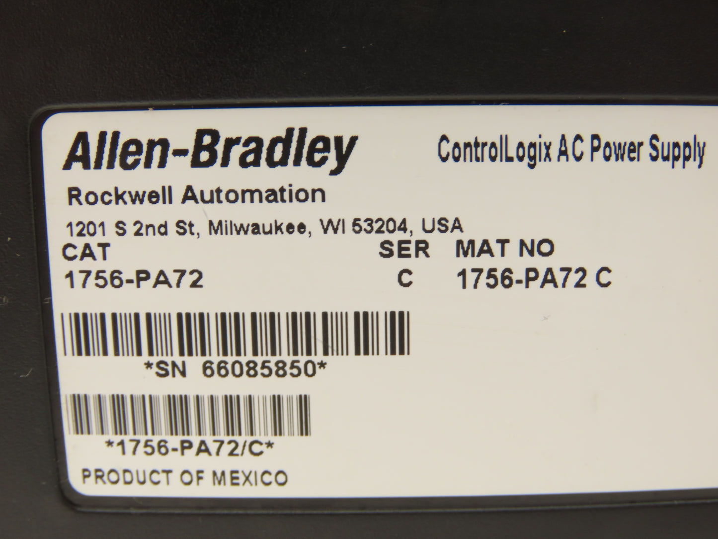 Allen Bradley ControlLogix I/O 10 Slot Rack Chassis & Power Supply 1756-PA72