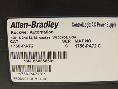 Allen Bradley ControlLogix I/O 10 Slot Rack Chassis & Power Supply 1756-PA72