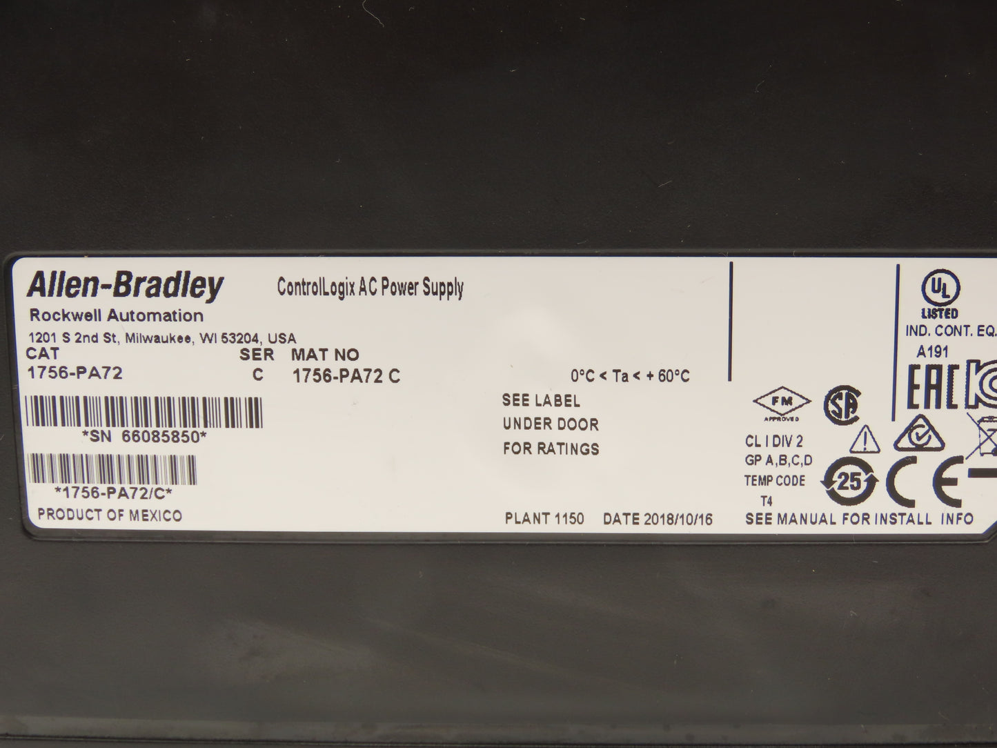 Allen Bradley ControlLogix I/O 10 Slot Rack Chassis & Power Supply 1756-PA72