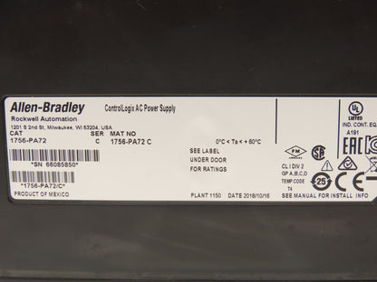 Allen Bradley ControlLogix I/O 10 Slot Rack Chassis & Power Supply 1756-PA72