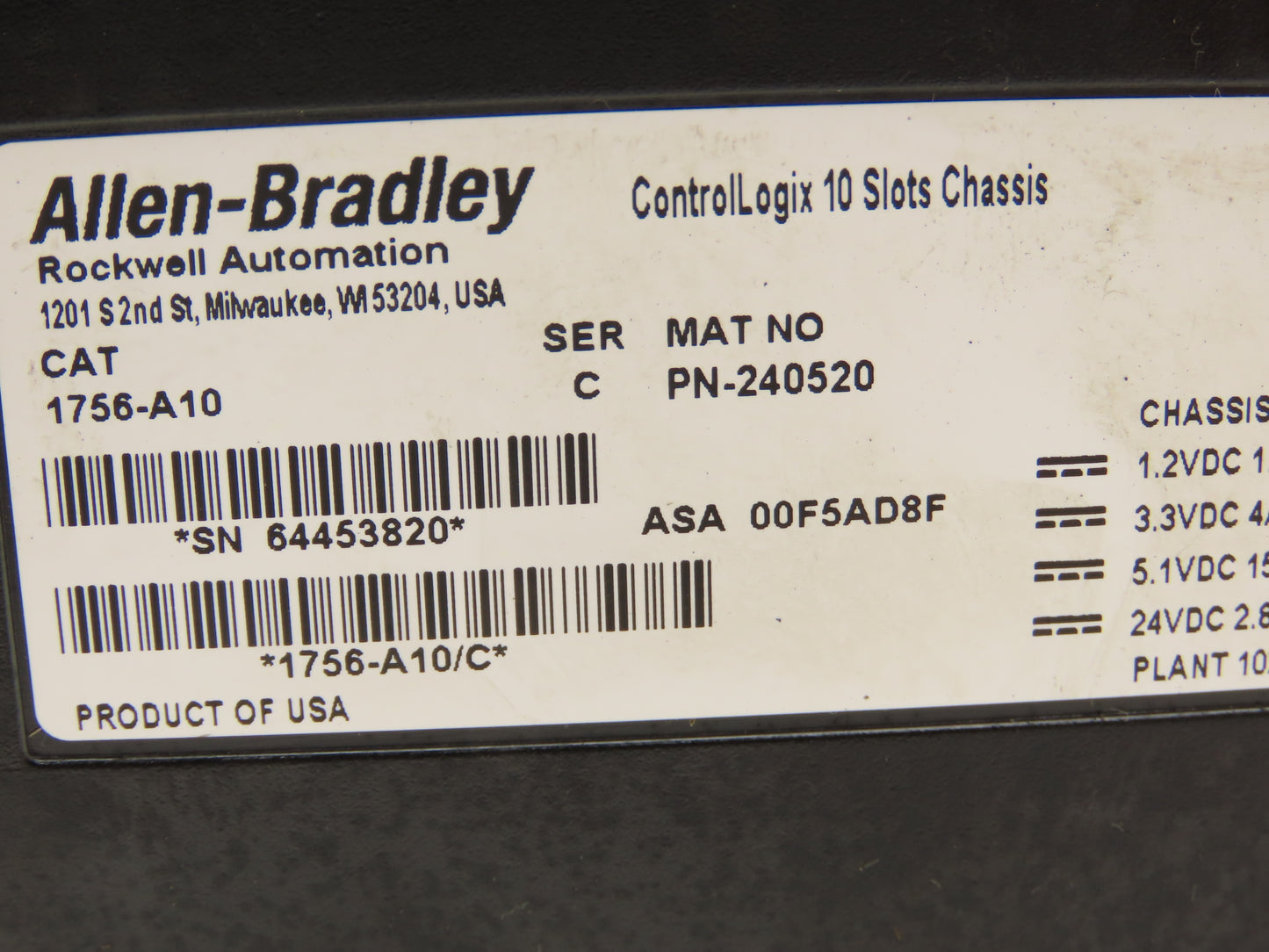 Allen Bradley ControlLogix I/O 10 Slot Rack Chassis & Power Supply 1756-PA72