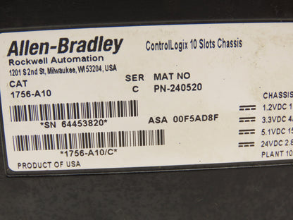 Allen Bradley ControlLogix I/O 10 Slot Rack Chassis & Power Supply 1756-PA72