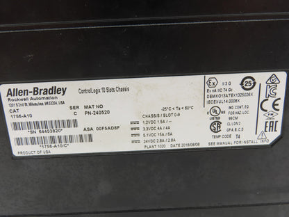 Allen Bradley ControlLogix I/O 10 Slot Rack Chassis & Power Supply 1756-PA72