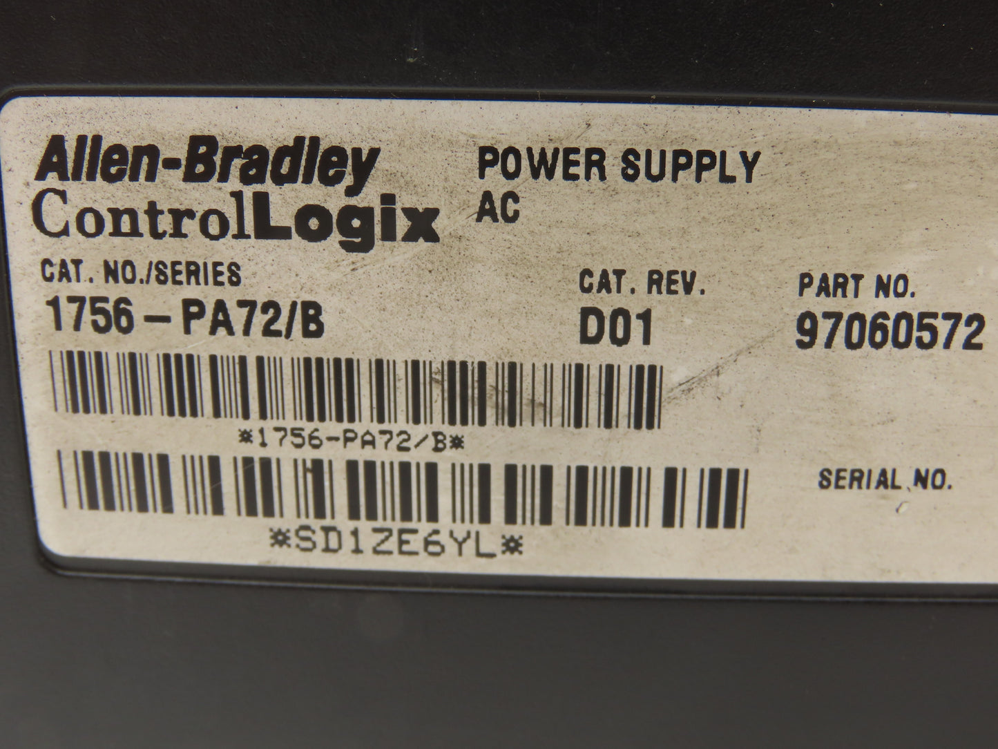 Allen Bradley ControlLogix I/O 10 Slot Rack Chassis & Power Supply 1756-PA72