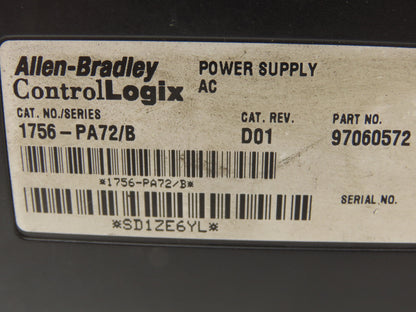 Allen Bradley ControlLogix I/O 10 Slot Rack Chassis & Power Supply 1756-PA72