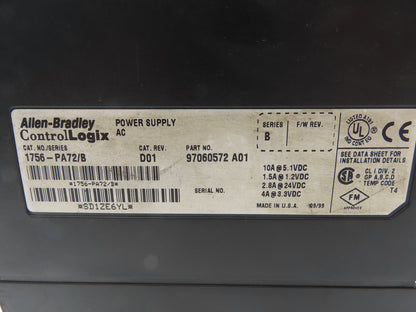Allen Bradley ControlLogix I/O 10 Slot Rack Chassis & Power Supply 1756-PA72