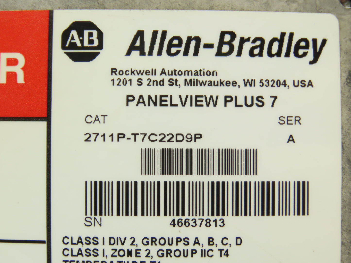 Allen Bradley 2711P-T7C22D9P HMI PanelView Plus 7 Touch Screen 7" 24VDC Series A