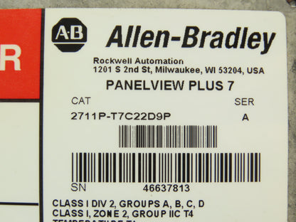 Allen Bradley 2711P-T7C22D9P HMI PanelView Plus 7 Touch Screen 7" 24VDC Series A
